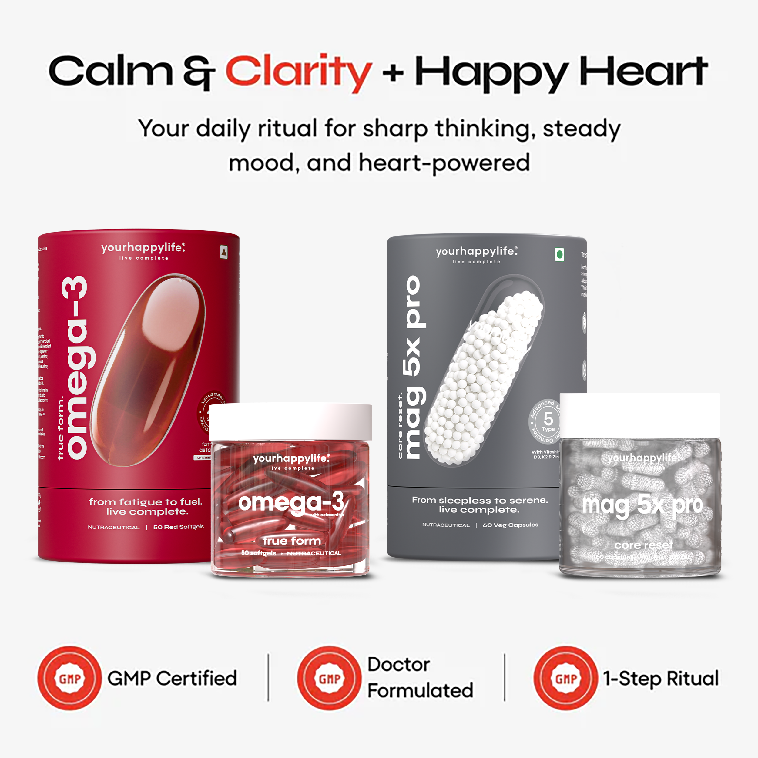 Yourhappylife omega-3 red softgels and mag 5x pro white capsules with packaging, GMP certified and doctor formulated