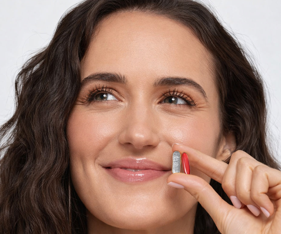 Woman holding one silver textured capsule and one smooth red capsule near her face, smiling with wavy brown hair