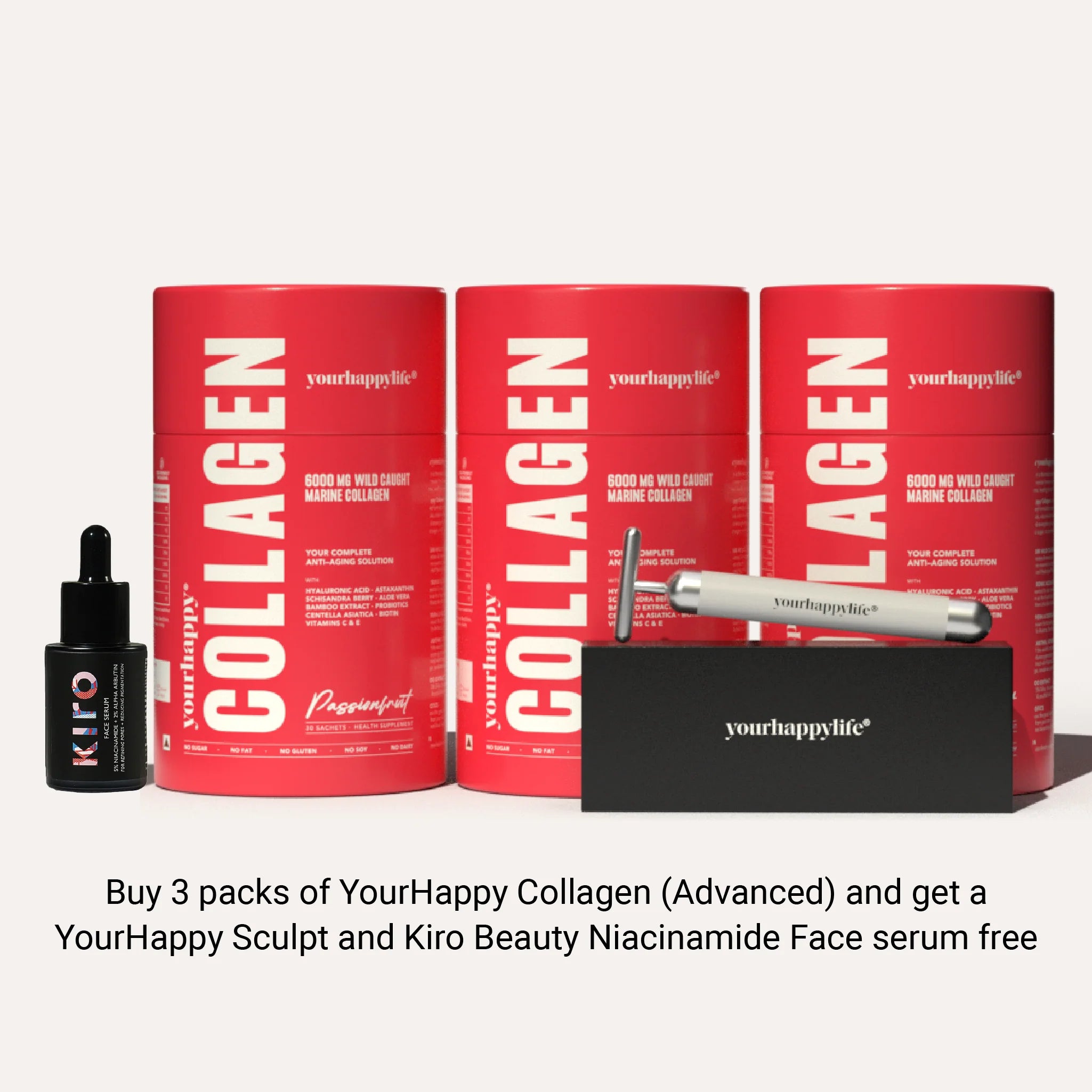 YourHappy Collagen (Advanced) Pack of 3 + Kiro Beauty Niacinamide Face Serum + T-Roller